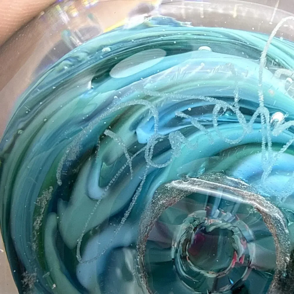Signed Blue Green Swirl Art Glass Paperweight Control Bubbles Metallic Accents